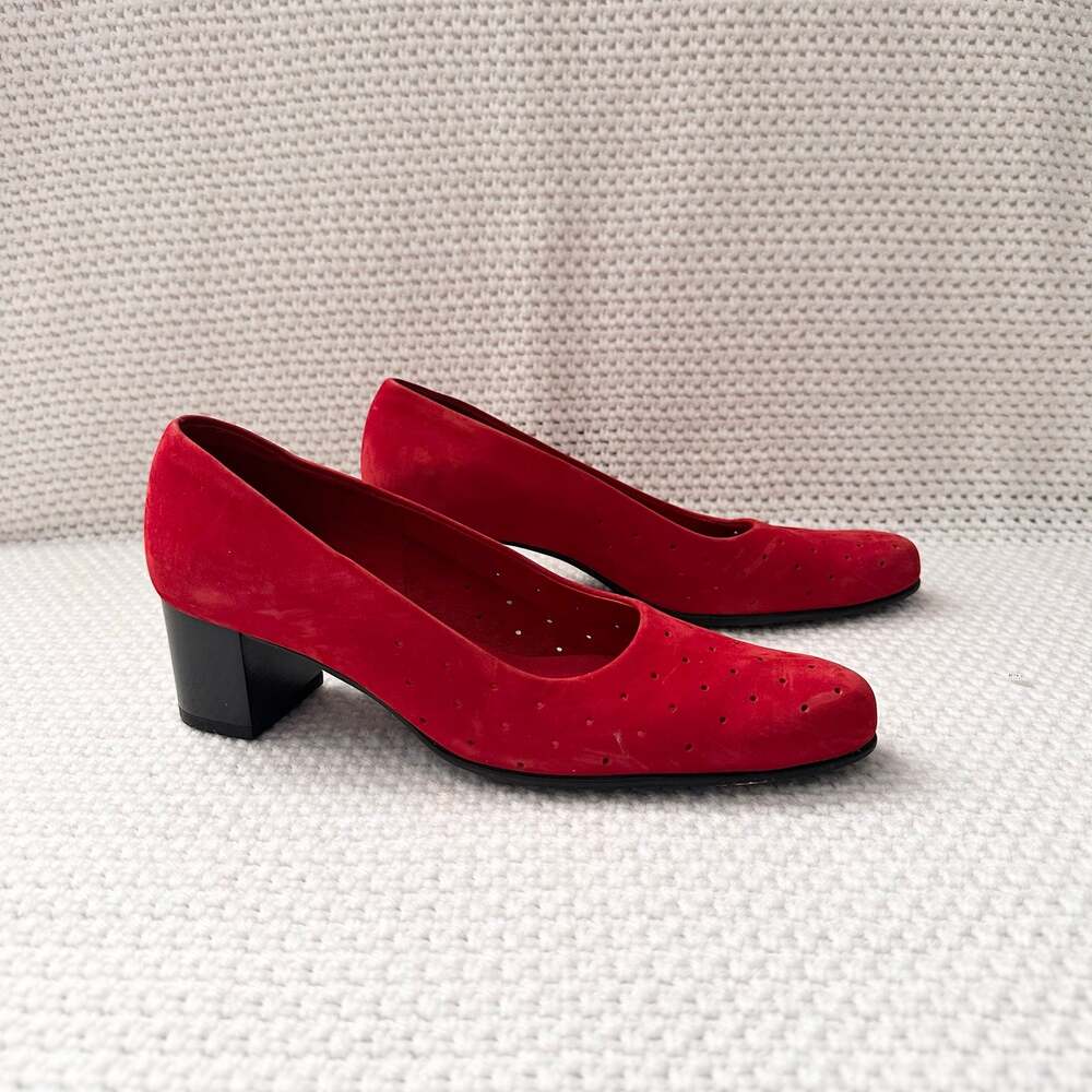 Arche Made in France Red Suede Perforated Almond Toe Stacked Heel Pumps 38
